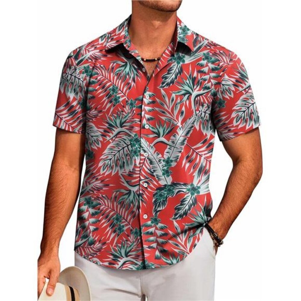 Tropical Floral Button Down Shirt Men Short Sleeve